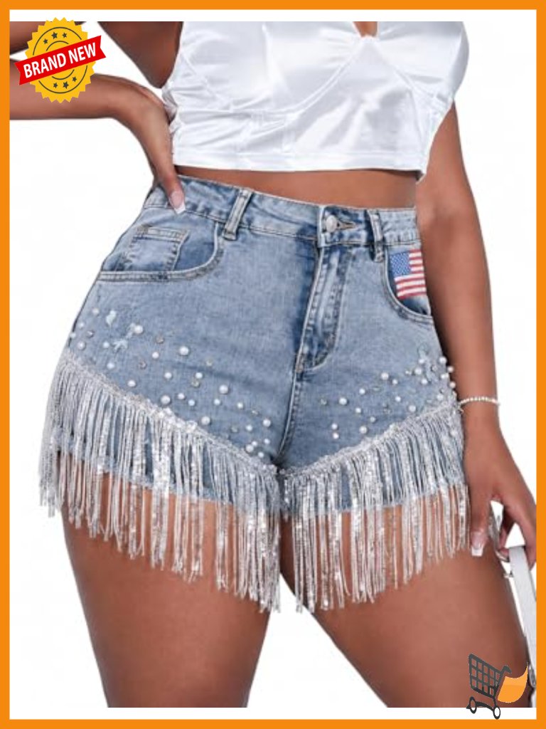 High Waisted Denim Shorts Ripped Rhinestone Fringe Pearl Beaded Tassel Stretchy